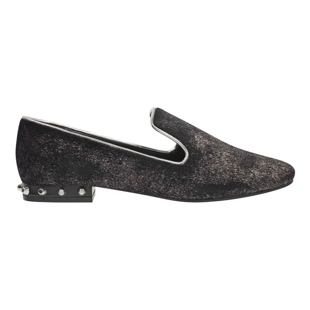 Marc Fisher Black Silver Shimmer Studded Abree Faux Fur Womens Loafers Shoes 7.5
